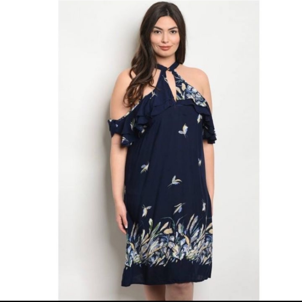 Pretty Navy Floral Off Shoulder Midi Dress - Picture 4 of 5